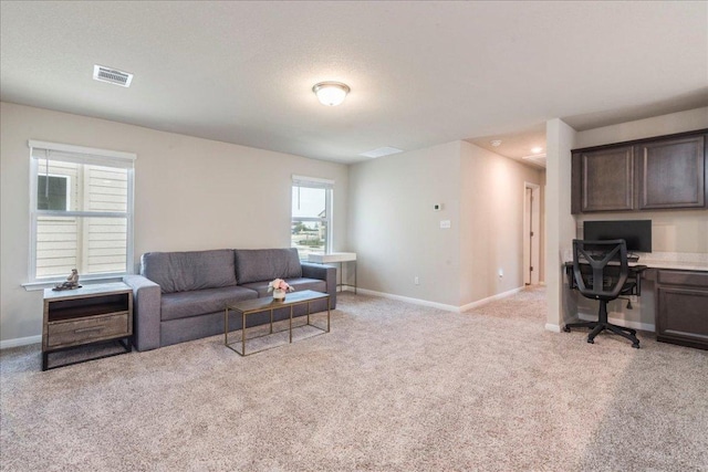 943 Lone Peak Way, Dripping Springs, TX 78620 - living room featuring light carpet and built in study area