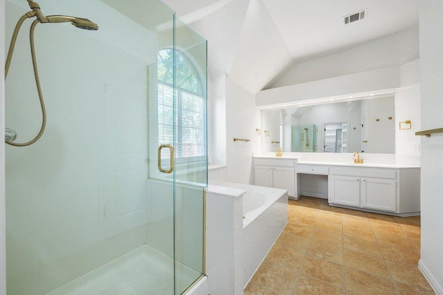full bath with a bath, vanity, visible vents, and a shower stall
