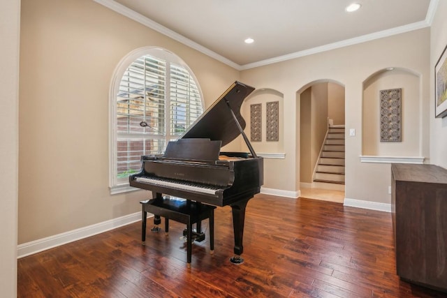 1113 Lions Lair, Leander, TX 78641 - living area with hardwood / wood-style flooring, crown molding, stairs, and recessed lighting