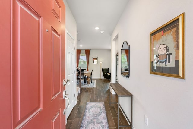 entrance foyer with recessed lighting and dark wood-style floors