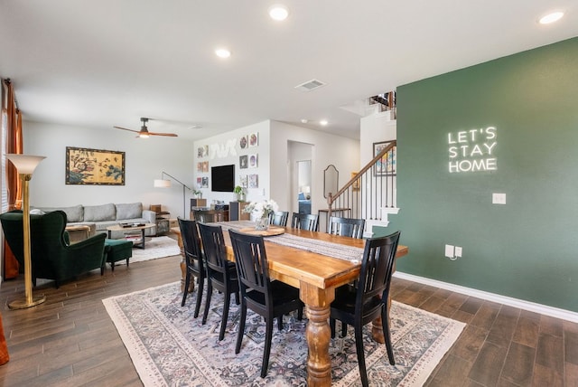 dining area with recessed lighting, visible vents, stairs, and dark wood-style flooring