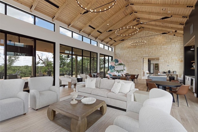 living room featuring high vaulted ceiling, wooden ceiling, an inviting chandelier, and beam ceiling