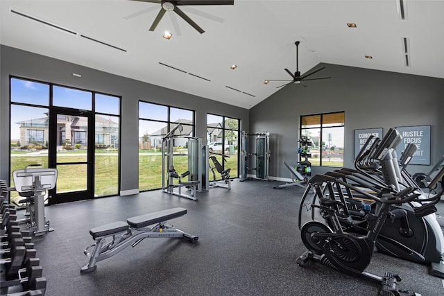 exercise room with high vaulted ceiling and ceiling fan