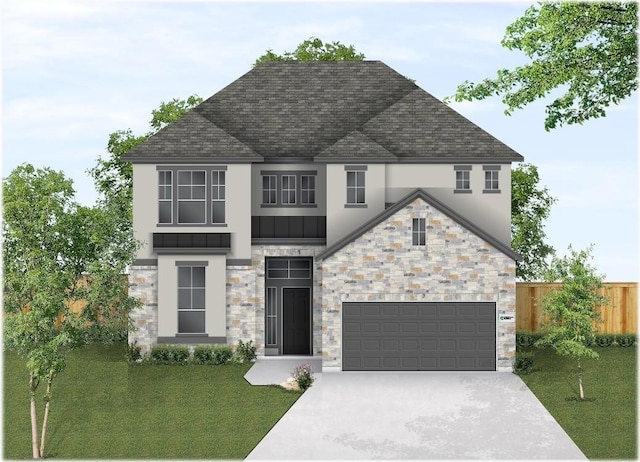 101 Golden Sage Ave, Georgetown, TX 78633 - view of front facade with roof with shingles, driveway, stone siding, a garage, and stucco siding