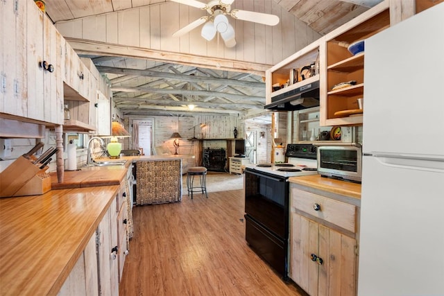kitchen with wood walls, under cabinet range hood, black range with electric stovetop, a sink, and freestanding refrigerator