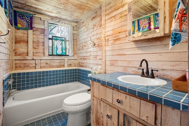 full bathroom with tile patterned floors, toilet, a tub to relax in, wood ceiling, and wooden walls
