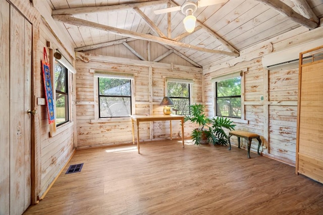spare room featuring wooden ceiling, wood finished floors, vaulted ceiling with beams, and visible vents