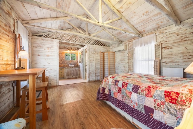 409 Hub Dr, Wimberley, TX 78676 - bedroom featuring hardwood / wood-style floors, a wall mounted AC, wooden ceiling, and wooden walls