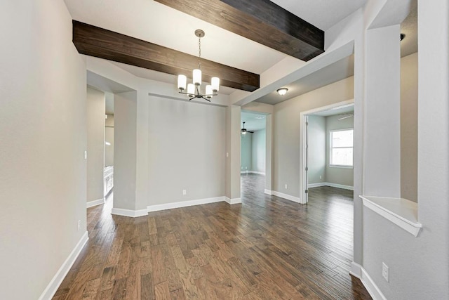 4228 Hannover Way, Round Rock, TX 78681 - spare room featuring beamed ceiling, baseboards, dark wood-style flooring, and ceiling fan with notable chandelier