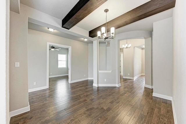 4228 Hannover Way, Round Rock, TX 78681 - empty room featuring arched walkways, beamed ceiling, baseboards, a notable chandelier, and dark wood-style floors