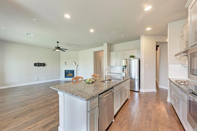 4228 Hannover Way, Round Rock, TX 78681 - kitchen featuring appliances with stainless steel finishes, a ceiling fan, recessed lighting, backsplash, and a kitchen island with sink