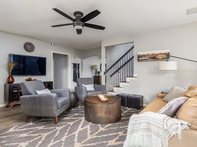 9200 Collingwood Dr, Austin, TX 78748 - living room with a ceiling fan, stairs, and wood finished floors