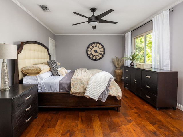 9200 Collingwood Dr, Austin, TX 78748 - bedroom with ornamental molding, dark wood-type flooring, and ceiling fan