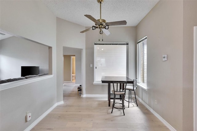 3100 Jubilee Trl, Austin, TX 78748 - dining space featuring light wood finished floors, plenty of natural light, a textured ceiling, a ceiling fan, and baseboards