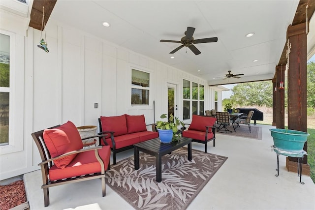 view of patio / terrace with outdoor lounge area, outdoor dining area, and ceiling fan