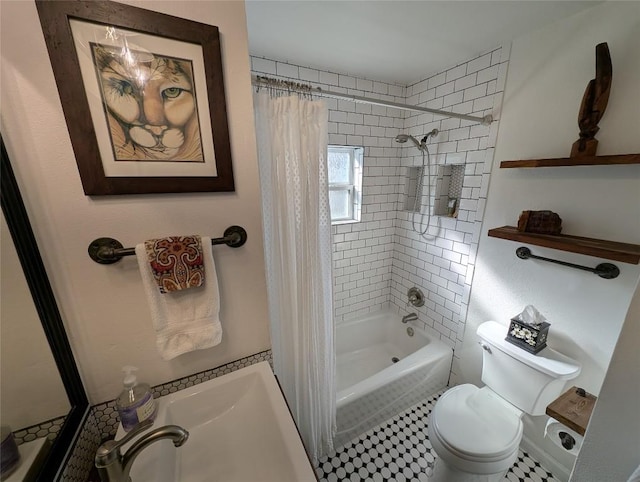 full bathroom with toilet and shower / bath combination with curtain
