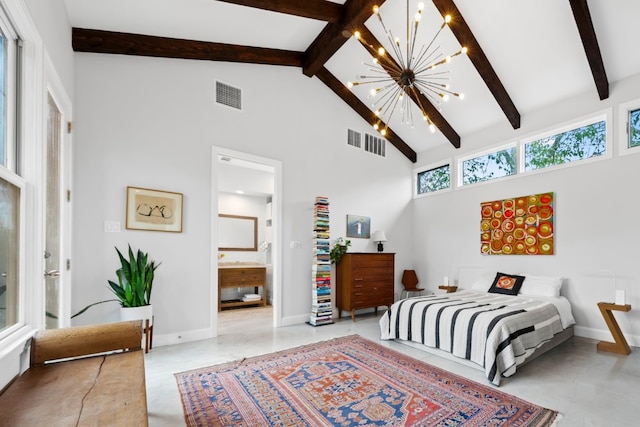 bedroom with a notable chandelier, visible vents, connected bathroom, high vaulted ceiling, and beam ceiling