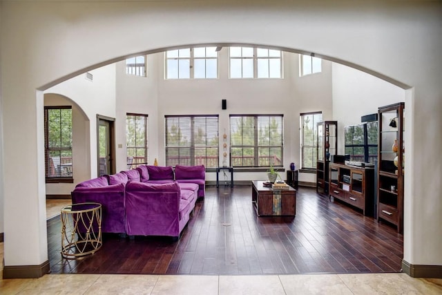 134 River Forest Dr, Bastrop, TX 78602 - living area featuring a towering ceiling, hardwood / wood-style flooring, and arched walkways