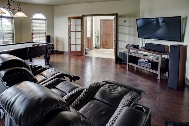 living room featuring wood-type flooring, baseboards, billiards, and french doors