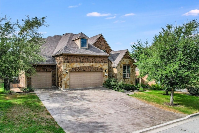 8813 Fescue Ln, Austin, TX 78738 - french provincial home with stone siding, an attached garage, a front lawn, and driveway