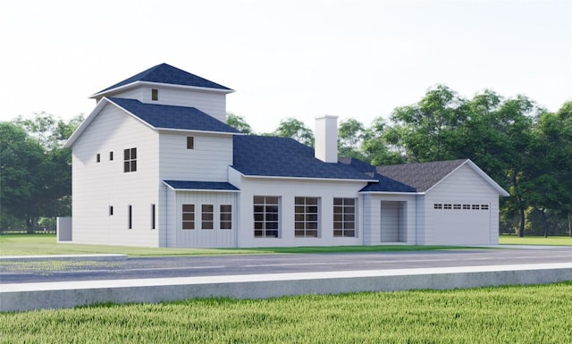 1107 Canyon Edge Dr, Austin, TX 78733 - back of house with a yard, a chimney, and a garage