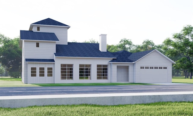 1107 Canyon Edge Dr, Austin, TX 78733 - view of front facade with a garage, a chimney, concrete driveway, and roof with shingles