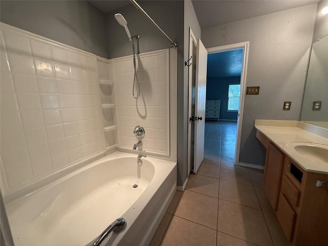 bathroom featuring vanity, tile patterned floors, baseboards, and shower / washtub combination