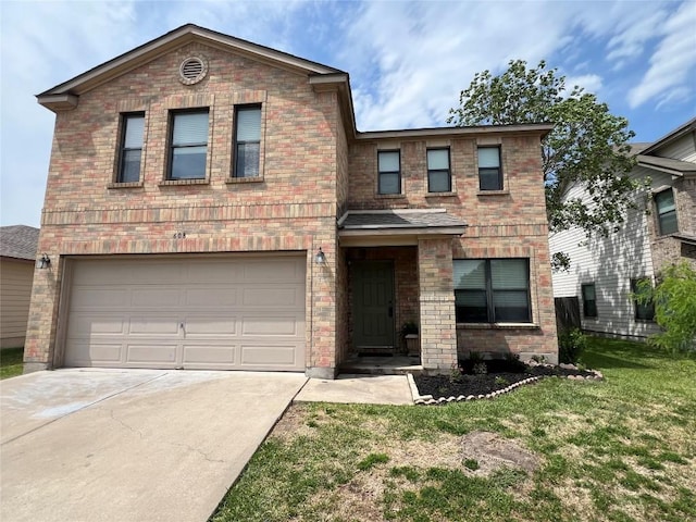 traditional-style house with an attached garage, a front lawn, brick siding, and concrete driveway