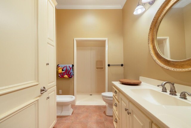 full bathroom with tile patterned floors, toilet, vanity, crown molding, and a stall shower