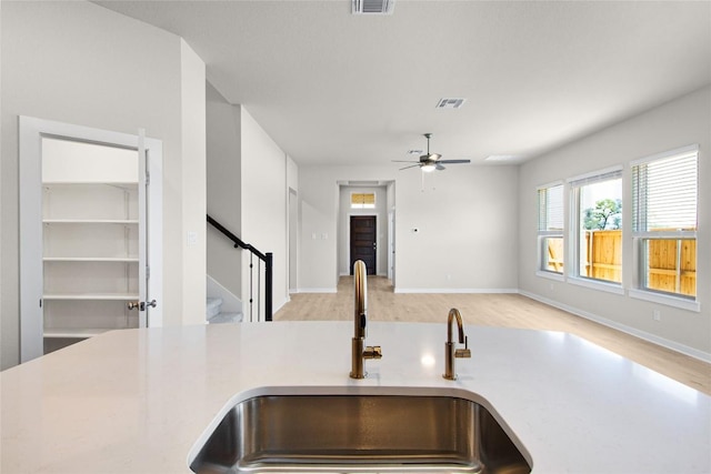 316 Ridgewell Loop, Georgetown, TX 78633 - kitchen featuring a sink, a ceiling fan, light countertops, and light wood finished floors