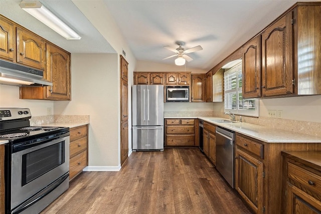 kitchen with brown cabinets, under cabinet range hood, a sink, appliances with stainless steel finishes, and dark wood-style flooring