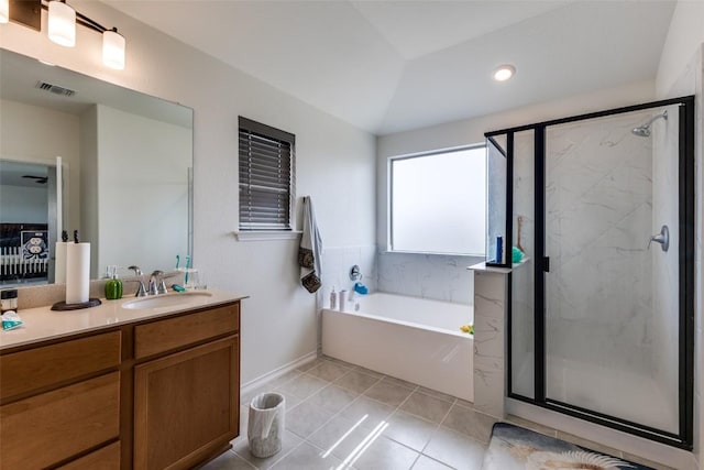full bath featuring a bath, visible vents, vanity, and a marble finish shower