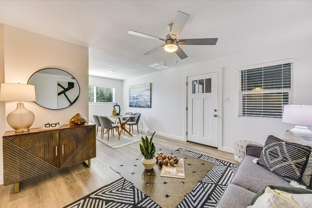 3703 Harmon Ave Unit 205, Austin, TX 78705 - living room featuring wood finished floors, ceiling fan, and baseboards