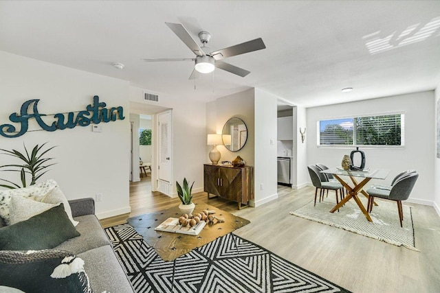 3703 Harmon Ave Unit 205, Austin, TX 78705 - living room with light wood-style floors, a ceiling fan, and baseboards