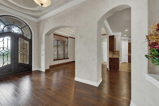 116 San Salvadore Dr, Canyon Lake, TX 78133 - entryway featuring wood-type flooring, french doors, baseboards, and ornamental molding