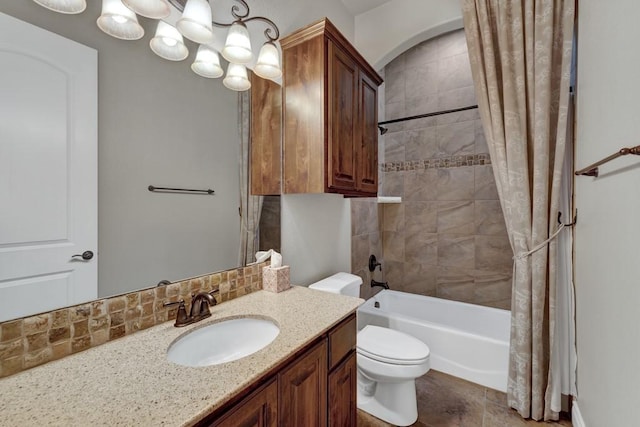 116 San Salvadore Dr, Canyon Lake, TX 78133 - bathroom featuring vanity, shower / bathtub combination with curtain, toilet, backsplash, and a chandelier