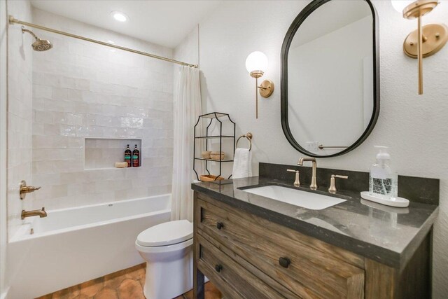 100 Mesa Dr, Wimberley, TX 78676 - bathroom with shower / bath combination with curtain, vanity, and toilet