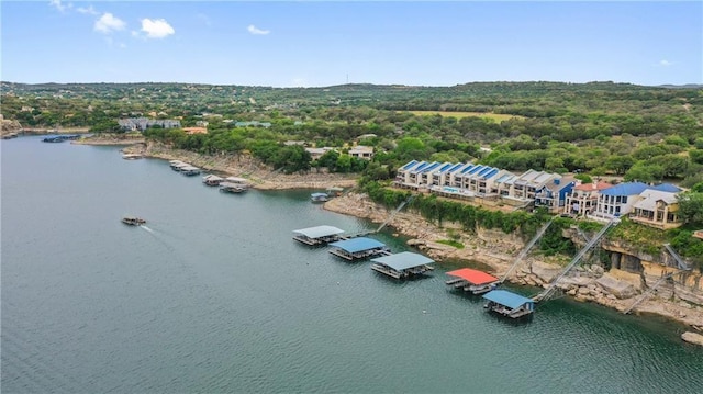drone / aerial view featuring a forest view and a water view