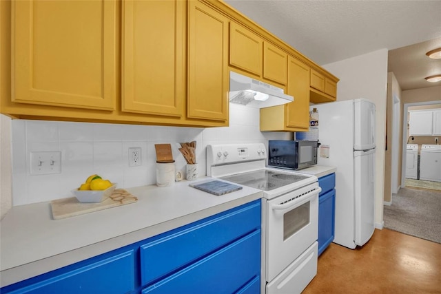 kitchen featuring white appliances, separate washer and dryer, light countertops, backsplash, and under cabinet range hood