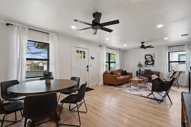 326 W Mulberry St, Fredericksburg, TX 78624 - dining area featuring light wood-style flooring, visible vents, recessed lighting, ceiling fan, and ornamental molding