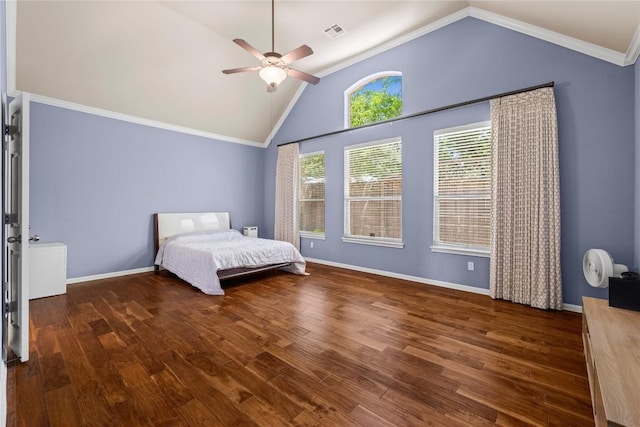 814 Arrowhead Trl, Cedar Park, TX 78613 - bedroom with vaulted ceiling, wood finished floors, baseboards, ceiling fan, and crown molding
