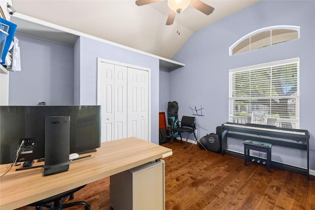 814 Arrowhead Trl, Cedar Park, TX 78613 - office area featuring ceiling fan, wood finished floors, and vaulted ceiling
