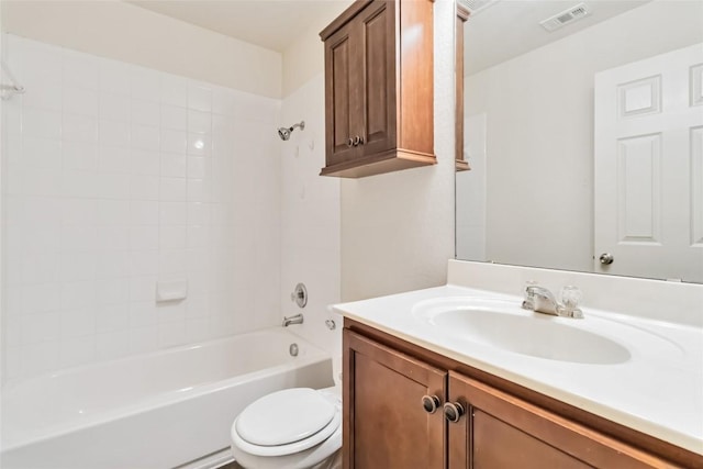 bathroom with shower / bathtub combination, visible vents, toilet, and vanity