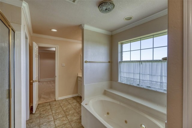 full bath with a textured ceiling, baseboards, a jetted tub, crown molding, and vanity