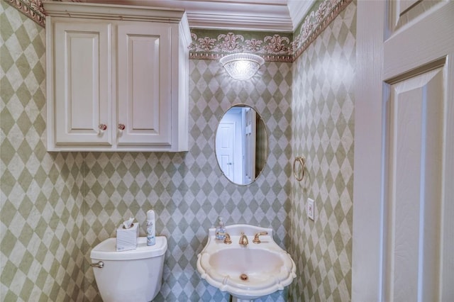 half bathroom with toilet, crown molding, and a sink