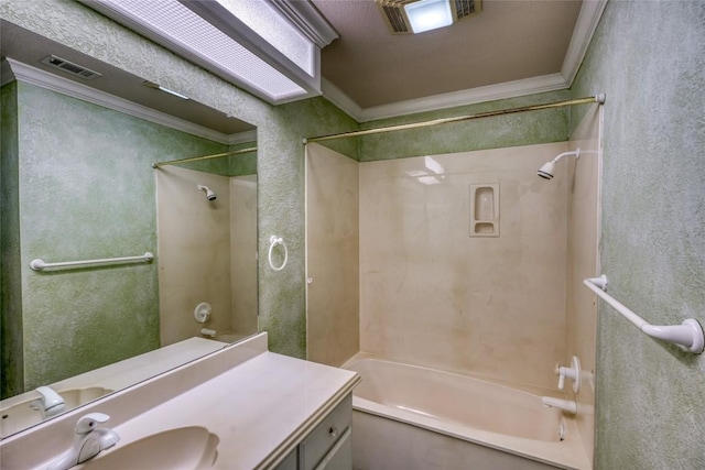 full bath featuring bathtub / shower combination, visible vents, vanity, and crown molding