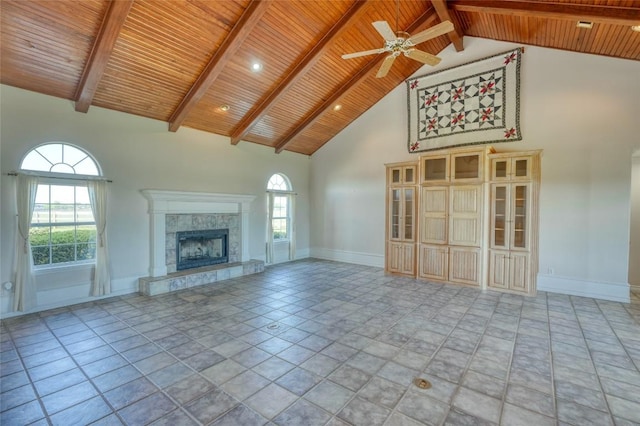 unfurnished living room with baseboards, beamed ceiling, ceiling fan, wood ceiling, and high vaulted ceiling