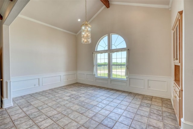 unfurnished room featuring beamed ceiling, a wainscoted wall, high vaulted ceiling, and a notable chandelier