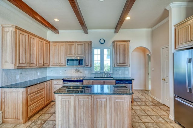 kitchen featuring a sink, light brown cabinetry, arched walkways, beamed ceiling, and appliances with stainless steel finishes