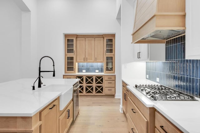 394 Leaning Rock Rdg, Austin, TX 78737 - kitchen featuring appliances with stainless steel finishes, premium range hood, light wood finished floors, and decorative backsplash